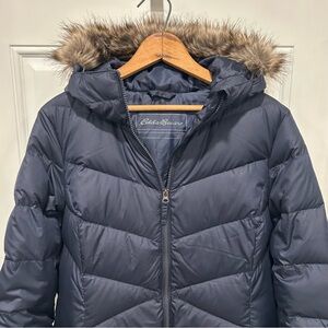 Eddie Bauer Women's Navy Blue Down Parka Coat Size Medium, faux fur hood